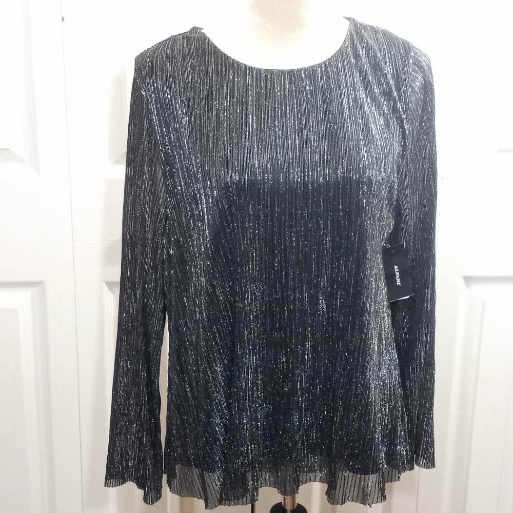 Alfani NWT Black Metallic Silver Blouse Sheer Sleeves Size Large